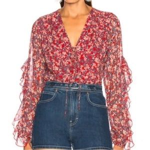 Red Blossom Ditsy Micro Floral Ruffle Blouse